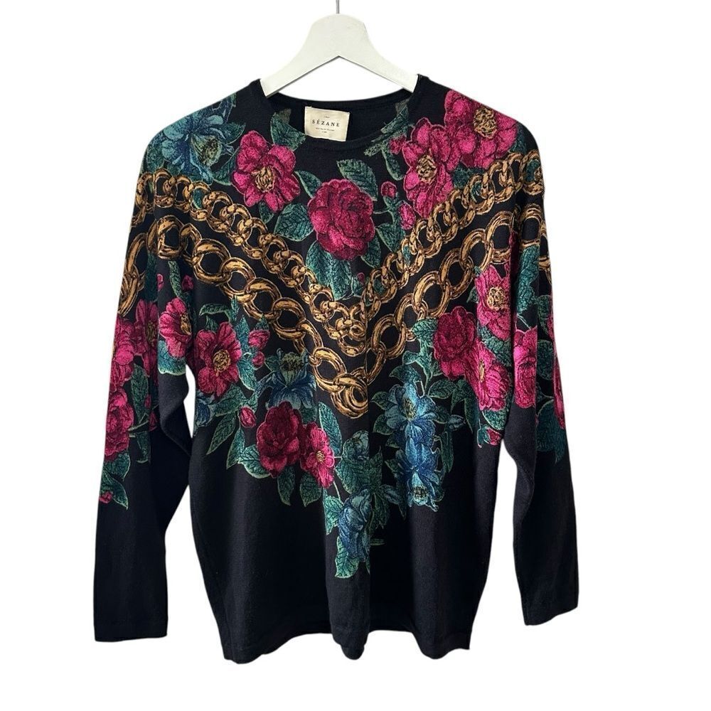 Sezane Floral Chain Sweater - Black and Pink